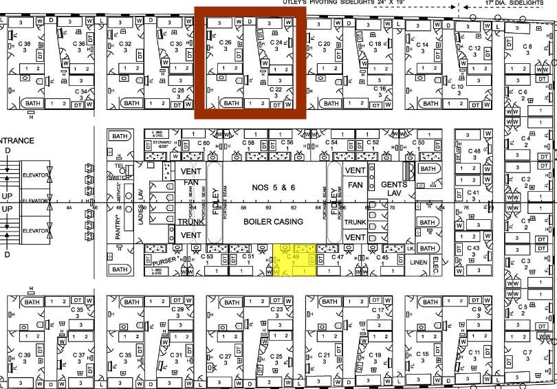 They then reserved cabins C-22/24/26 on the First Class Upper Deck of Titanic. This cabin was just around the corner form the French sculptor Chevre who made the marble bust of Laurier that now sits in the Chateau Laurier lobby. Mr. Allison & Mr. Chevre likely passed each other.