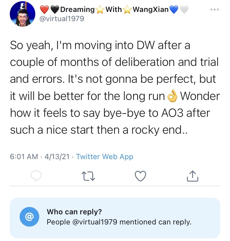she is Once Again talking about leaving ao3 and only putting stuff on dw, a little more firmly now, but as i’ve said I WILL BELIEVE THIS WHEN I CAN SEE THE JUSTIN BIEBER CHAPTER THERE. worth pointing out that in her entire thread betrays the “we did it!” fakery from yesterday