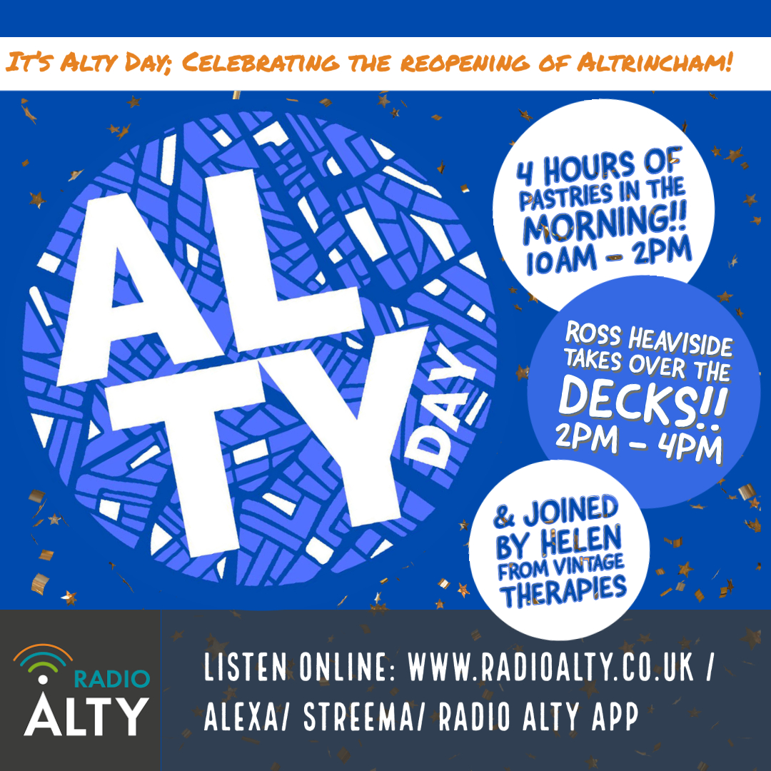 RadioAlty's tweet photo. 🤩Tomorrow it's #AltyDay 🤩
Here's what you can expect from 10am; features with local businesses, performances from @tomseals, @stringinfusion + more!
Listen online/watch via our Facebook page +@altrinchamhq+ @promotetrafford+ @HaleBarnsEvents+@AltrinchamG+ @AltrinchamBID+more! https://t.co/aThumxEj1a