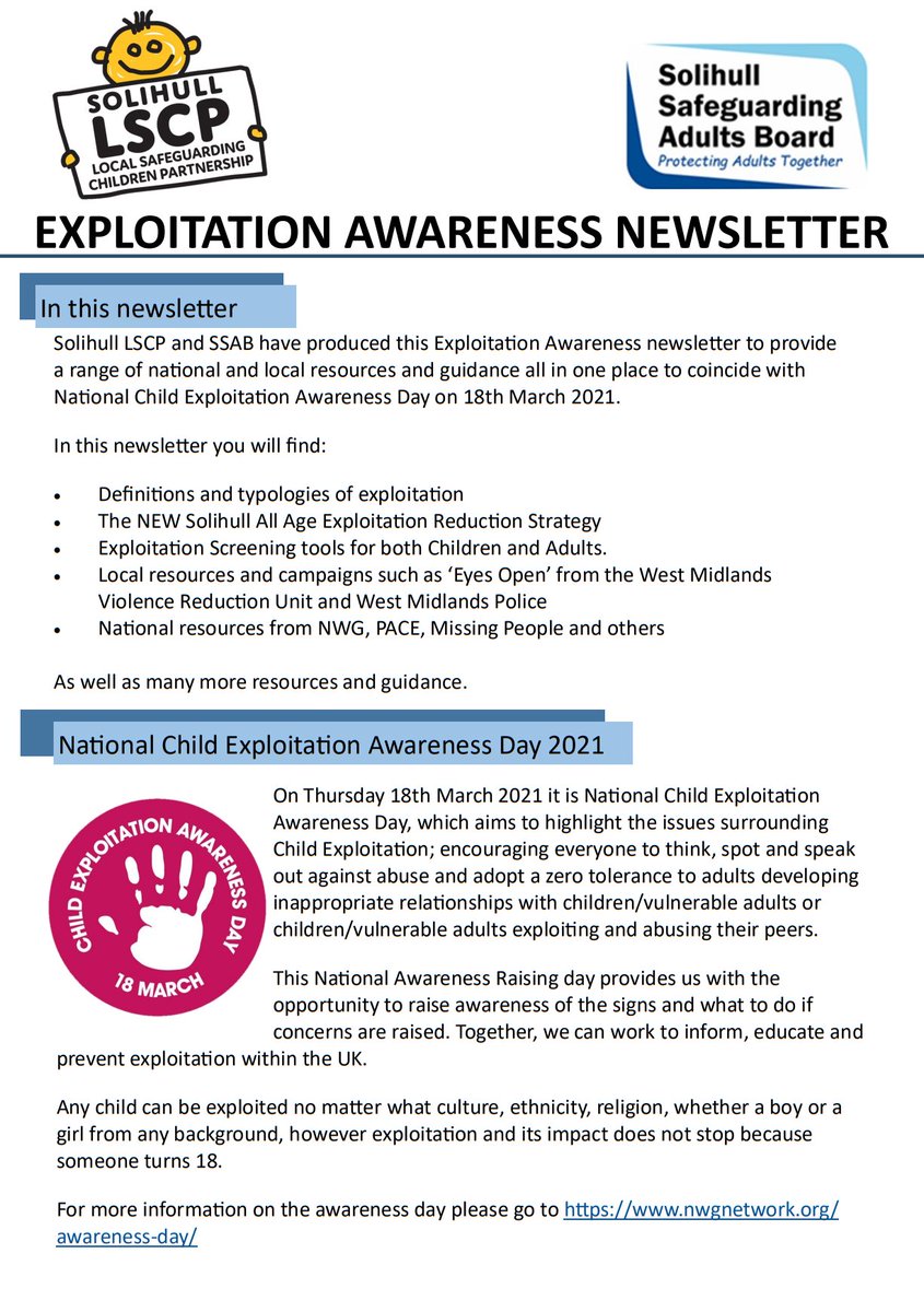 SolihullSAB's tweet photo. โ ๏ธICYMI - Last month, alongside Solihull LSCP, we produced an #Exploitation Awareness newsletter
Providing national & local resources and guidance to coincide with #WMExploitationWeek / #CEADay21
Click below to read the newsletter in full
๐https://t.co/yKfq8F4fnX https://t.co/KKqZtdjRKu