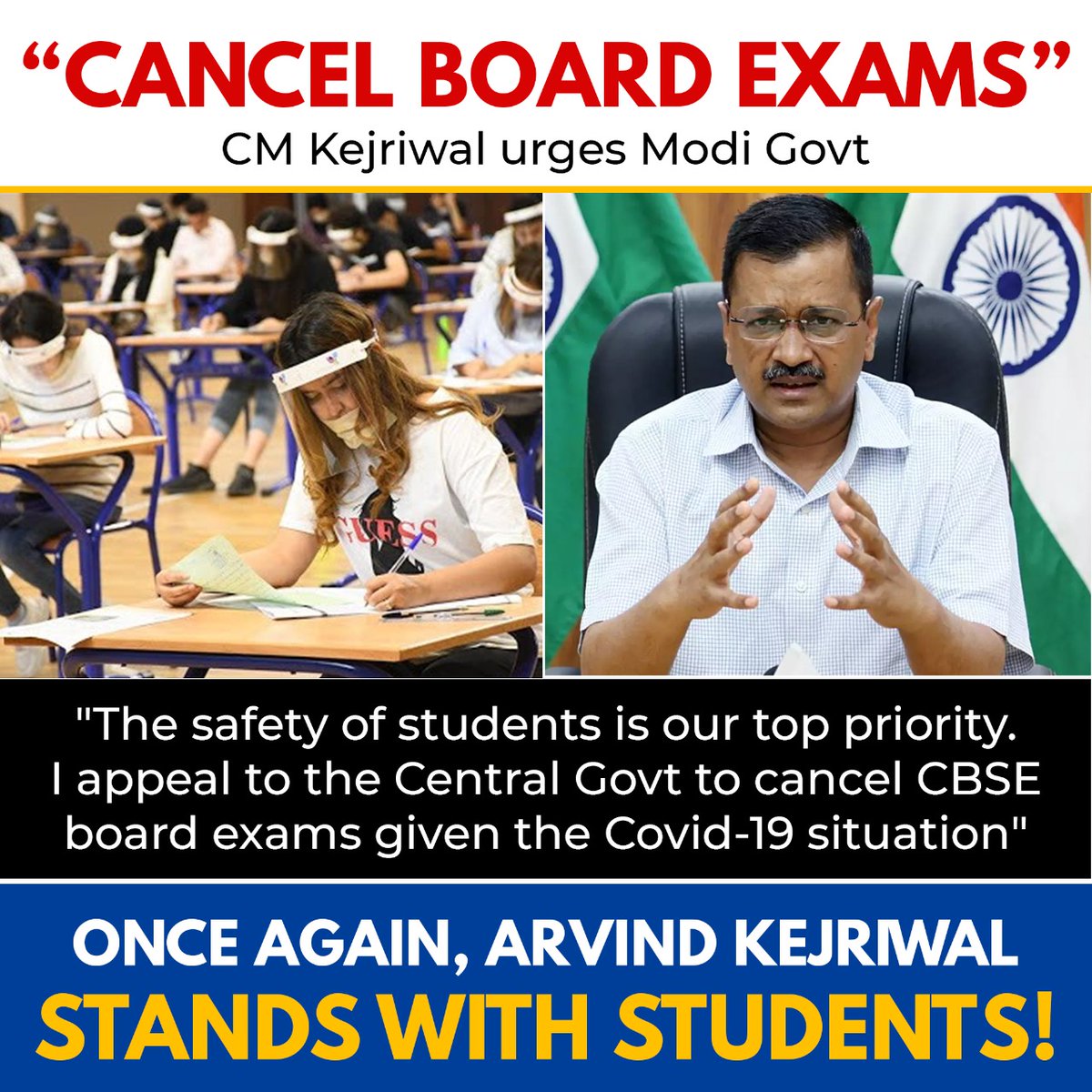 AamAadmiParty's tweet photo. "My humble appeal to Modi Govt:

➡️Cancel the CBSE Board exams for the safety of our children

➡️Find alternative methods like online exams or internal assessment": Delhi CM @ArvindKejriwal

#cancelboardexams2021 https://t.co/v0uGS3j6YA