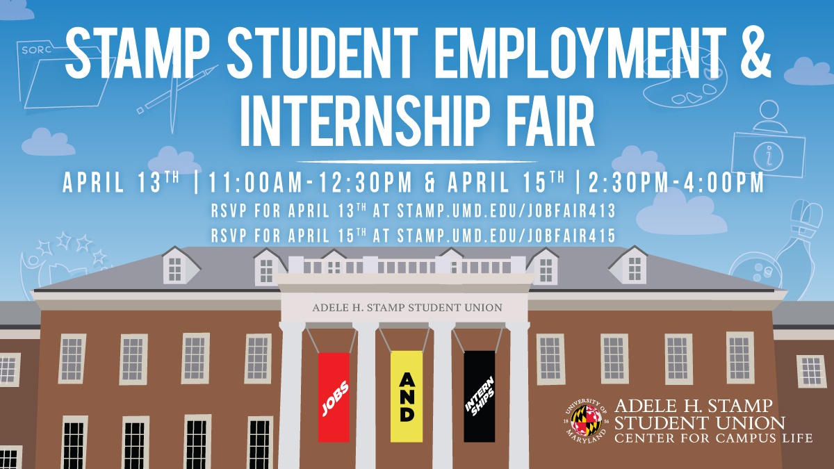 thestampumd's tweet photo. The first of our two virtual STAMP Student Employment &amp; Internship Fair sessions is TODAY! Come learn about working at @TerpZoneUMD, @UMDLCSL, @StampGalleryUMD, and other spaces in STAMP: https://t.co/h2u9XBEip2 https://t.co/jnE2sRoC2g