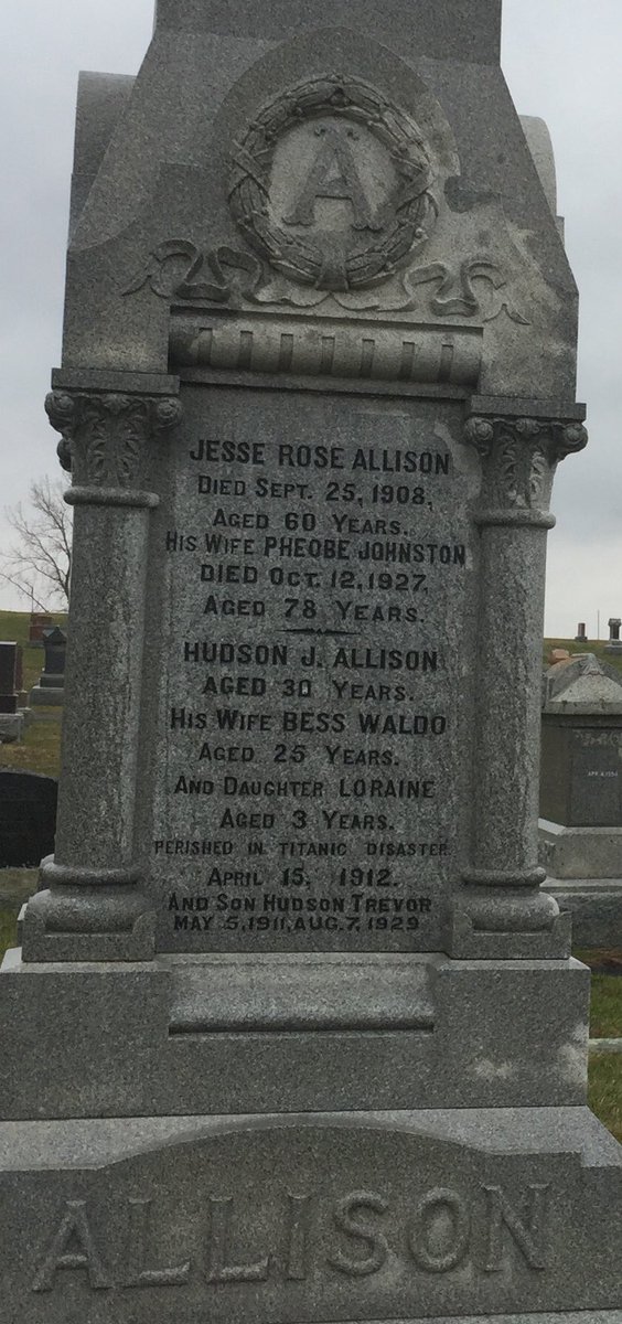 As the ship began to sink, young Trevor was placed on a lifeboat. He would be the only Allison to survive Titanic. Mr.Allison was recovered & was buried in the Allison family plot in Maple Ridge cemetery near Winchester.We found the gravestone that mentions Titanic on it.