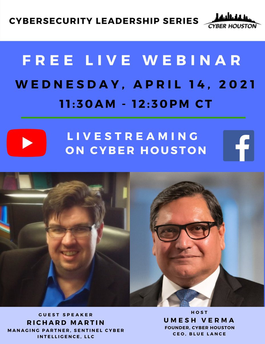 Join us April 14 @ 11:30am CT   
Cyber Intelligence: Critical Controls

Speaker Richard Martin  &amp; Host <a href="/UmeshVermaNum1/">Umesh Verma</a> 

Register 4 free: ow.ly/cYbf50EmRye

Watch here 
ow.ly/TVJw50EmRx0

#cyberhouston  #cybersecurity #criticalcontrols #cyberdefense