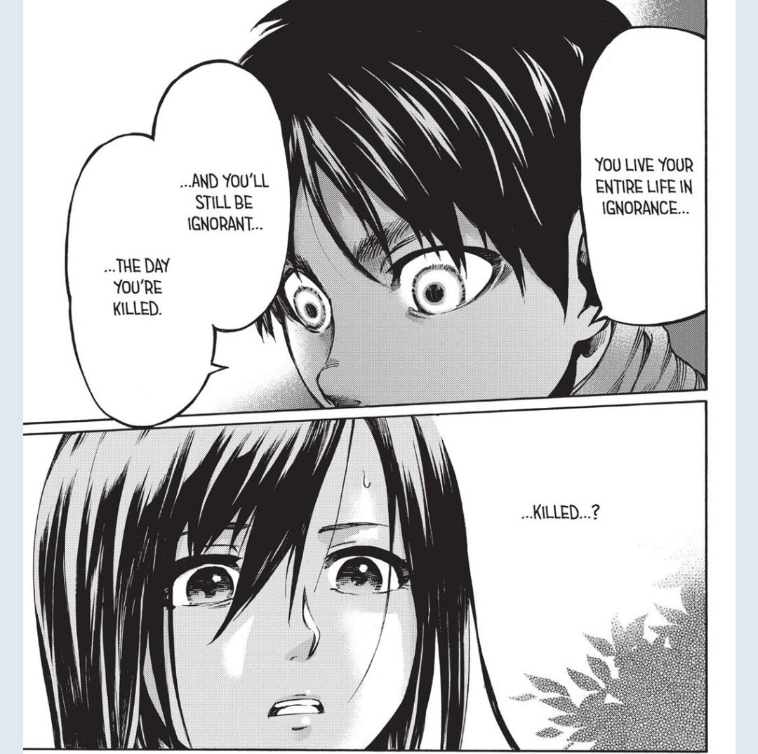 Reducing Historia to Ymir& #39;s love interest, because, what matters isn& #39;t the person but the lesson and the impact and the character progression. So Mikasa slowely let go her fear and finds beauty in the outside world too, learning about freedom and how to live a prideful life not-