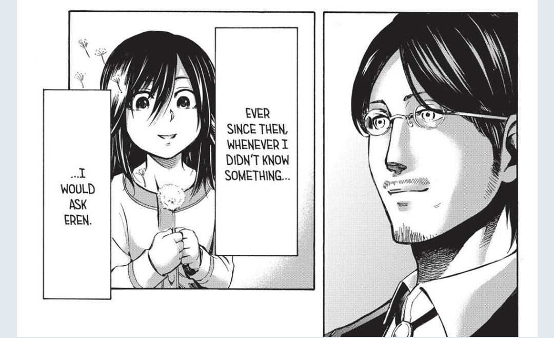 Reducing Historia to Ymir& #39;s love interest, because, what matters isn& #39;t the person but the lesson and the impact and the character progression. So Mikasa slowely let go her fear and finds beauty in the outside world too, learning about freedom and how to live a prideful life not-