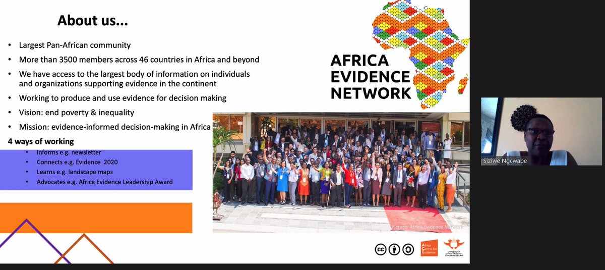 ACE_UJ's tweet photo. An introduction to the @Africa_evidence #EIDMcommunity presented by @SiziweNgcwabe, boasting the biggest database of #EIDMAfrica ecosystem - #TurnDevAround #ACEwebinar https://t.co/woVSl8mkfy