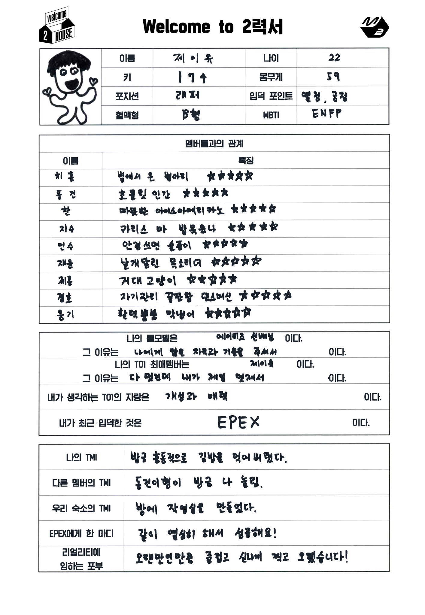 사야 To1 티오원 제이유 Welcome2house ジェイユの部分だけ日本語訳 自分用 名前 じぇいゆ 年齢 22 身長 174 体重 59 ポジション ラッパー ファンになるポイント 情熱 ポジティブ 血液型 B型 Mbti Enfp T Co U1zhkorm51 Twitter