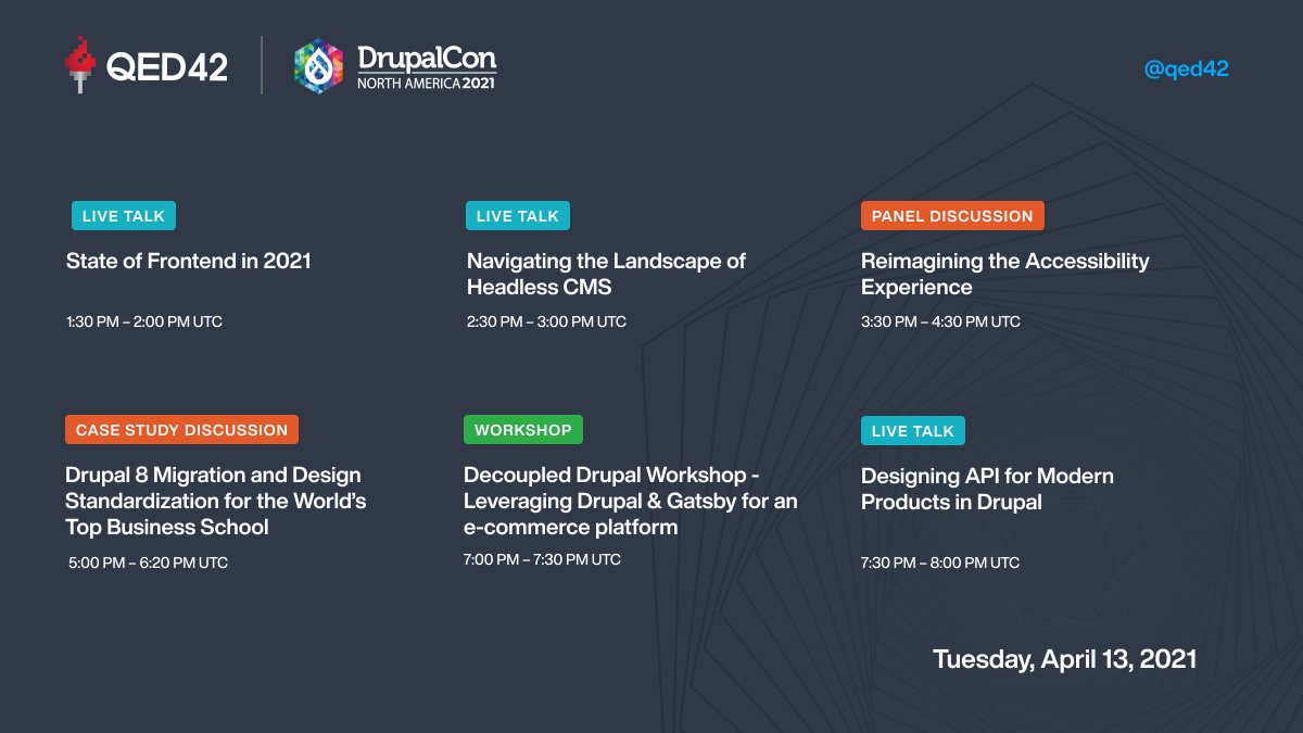 It’s day 2 of #DrupalConNA and we bring you another day filled with exciting and insightful content. 
Be sure to attend our live talks and panel discussions at the QED42 booth - app.hopin.com/events/drupalc…  #DecoupledDrupal #Accessibility