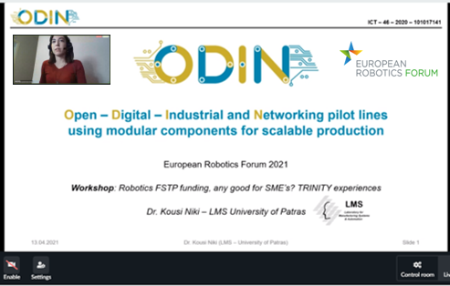 ODIN (@odin_euproject) on Twitter photo #ERF2021 - Day 1: We were glad to take part in today’s workshop on “Robotics FSTP funding, any good for SME’s? -TRINITY experiences”.
Thank you for joining - stay tuned!
More information➡️eu-robotics.net/robotics_forum… #robotics <a href="/KousiNiki/">Niki Kousi</a> <a href="/LMSUPATRAS/">Laboratory for Manufacturing Systems & Automation</a> #ERF2021 - Day 1: We were glad to take part in today’s workshop on “Robotics FSTP funding, any good for SME’s? -TRINITY experiences”.
Thank you for joining - stay tuned!
More information➡️eu-robotics.net/robotics_forum… #robotics <a href="/KousiNiki/">Niki Kousi</a> <a href="/LMSUPATRAS/">Laboratory for Manufacturing Systems & Automation</a>