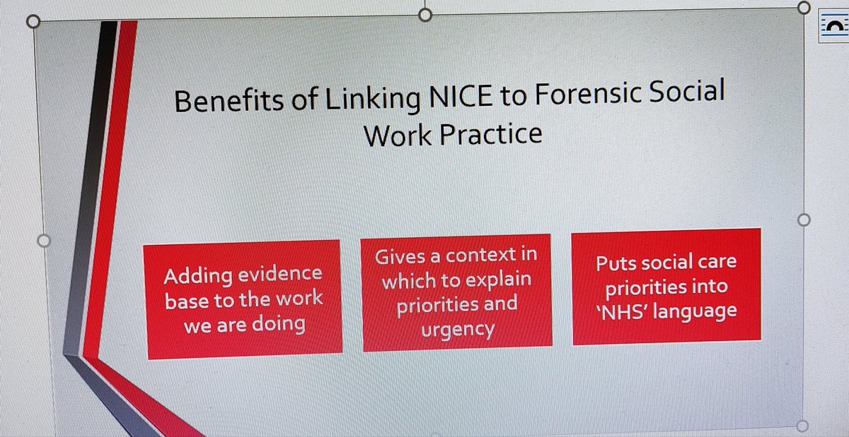 Thank you very much to all the social workers who contributed to the forensic social work evidence-informed practice  sessions, kindly organised by <a href="/dlgcochrane/">David Cochrane</a>. Here's key learning presented by Victoria Hart <a href="/MaudsleyNHS/">NHS Maudsley</a>, about the benefits of using <a href="/NICEComms/">NICE</a> guidance: