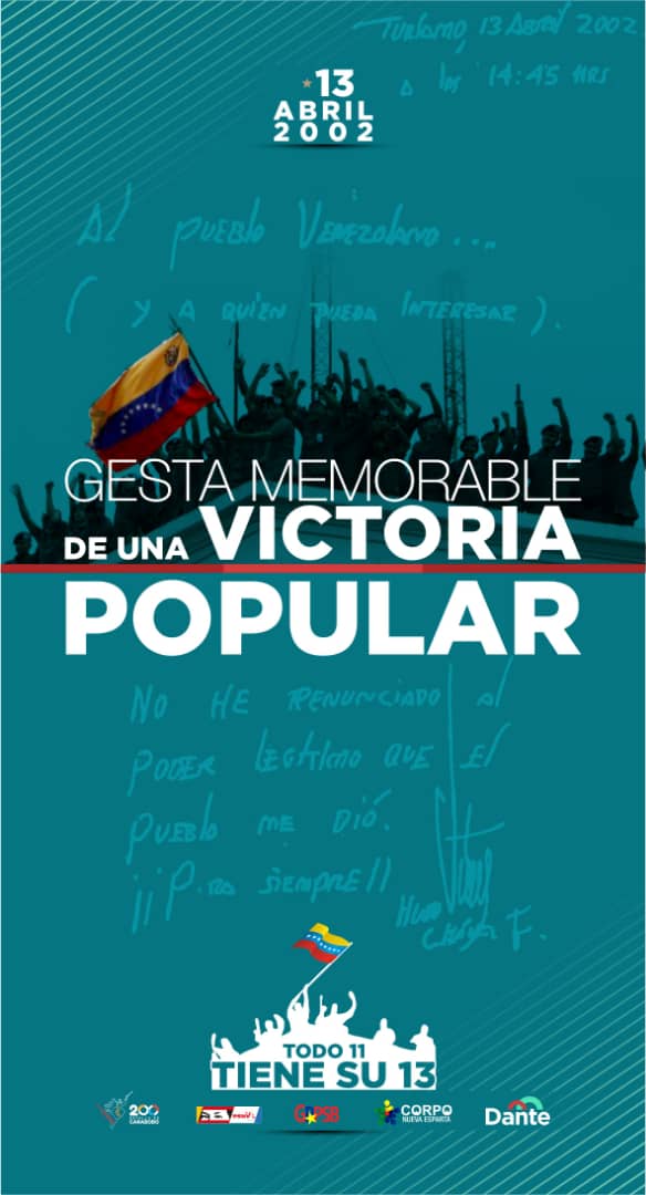 DanteRivasQ's tweet photo. Este #13Abr conmemoramos la gesta histórica del valiente pueblo venezolano que un día como hoy en 2002 salió a las calles con heroísmo en defensa de nuestro Pdte. #HugoChávez y del proceso revolucionario que seguimos y seguiremos defendiendo por siempre! #VictoriaPopularRebelde https://t.co/X3OXc4H3YF