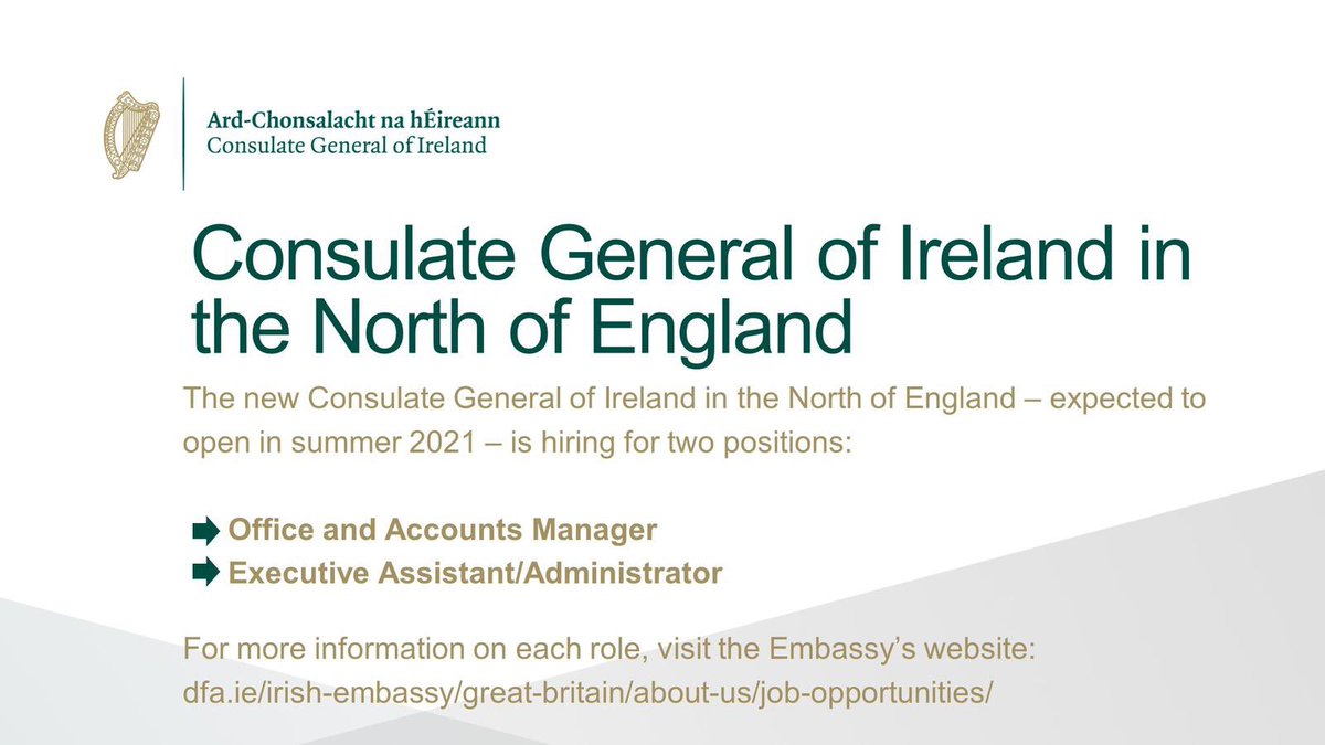 The new Consulate General of Ireland in the North of England is hiring 🇮🇪

There are two positions available at the CG, expected to open in Manchester this summer: 

👉Office and Accounts Manager
👉Executive Assistant/Administrator

The closing date for both roles is 26th April.