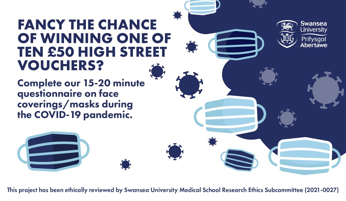 Be in with a chance of winning one of ten £50 high street vouchers by completing our research questionnaire on the factors affecting face covering/ mask wearing during the #Covid19 pandemic.

➡️ swan.ac/SUSurvey