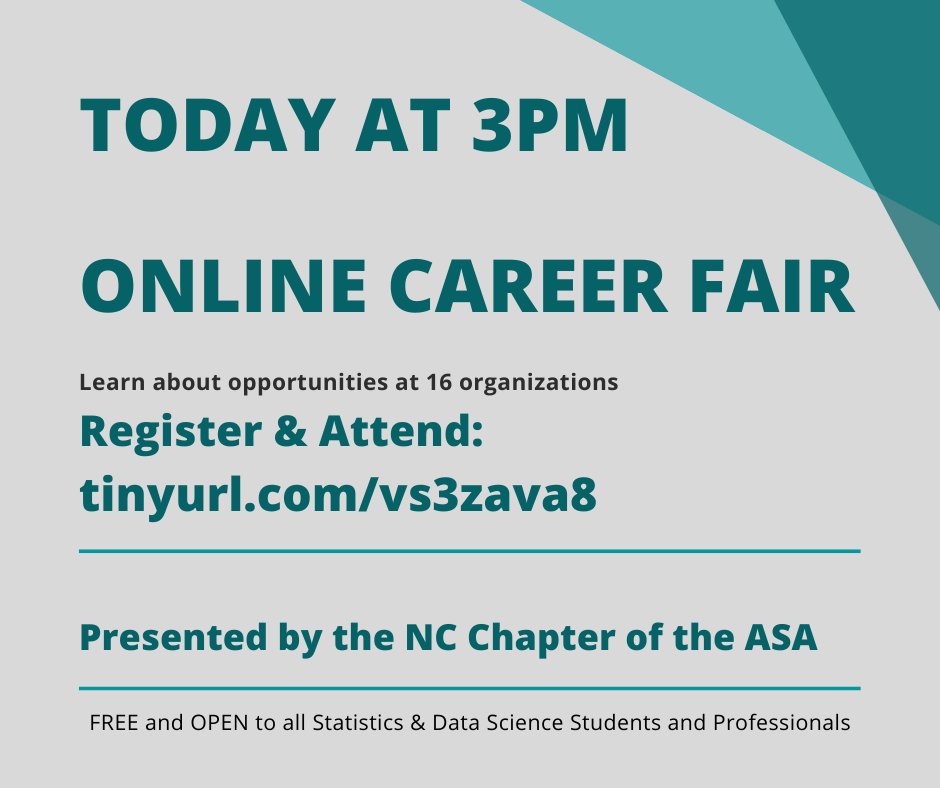 NC_ASA's tweet photo. Very excited to learn about data science and statistics career opportunities during this afternoon's NC-ASA Statistics &amp; Data Science Career Information Fair! You can still register to join us at: https://t.co/ptTgSATQSd https://t.co/09YxySoTIe