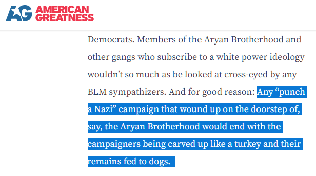 It's hard to read this as anything but admiration for white supremacist gangs.