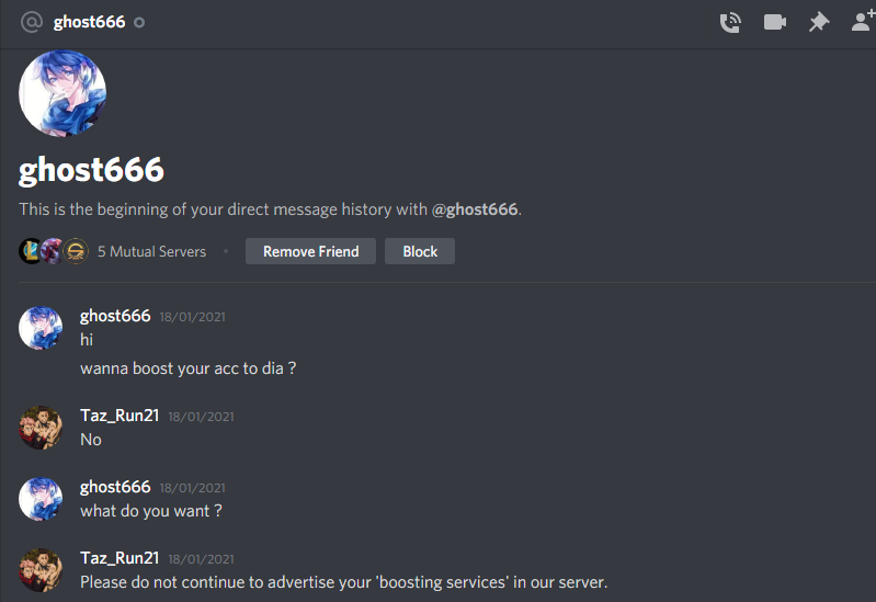Was clearing out some old DMs... and just realised that the one offering to boost my acc was actually the captain of <a href="/natusvincere/">NAVI</a> Wild Rift team LMAO

Any explanation ??? <a href="/julien78439275/">Ghost</a> 

@RiotJCM1117 <a href="/draggles/">Ben Forbes</a> 
Are there are any repercussions for this sort of activity?