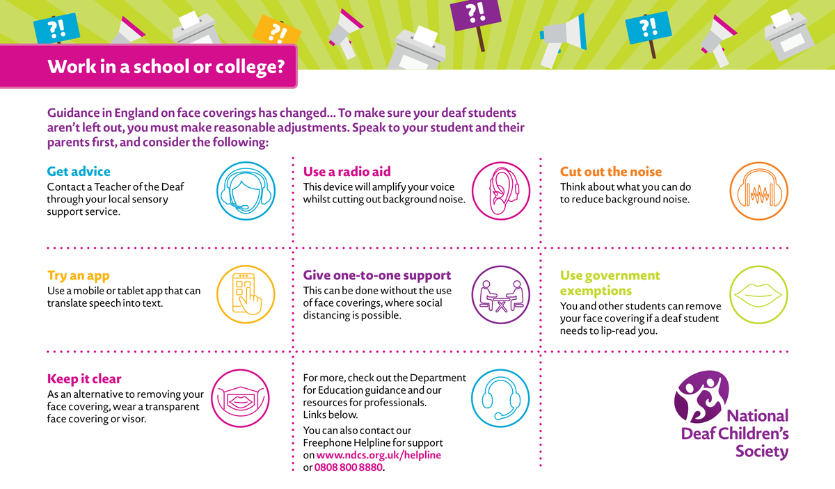 Guidance on face coverings from <a href="/educationgovuk/">Department for Education</a> has changed. We’ve created a handy infographic to explain what this means for supporting #deaf students. Please share it with anyone you know working in education. Full guidance here - bit.ly/2IlBxox #KeepItClear