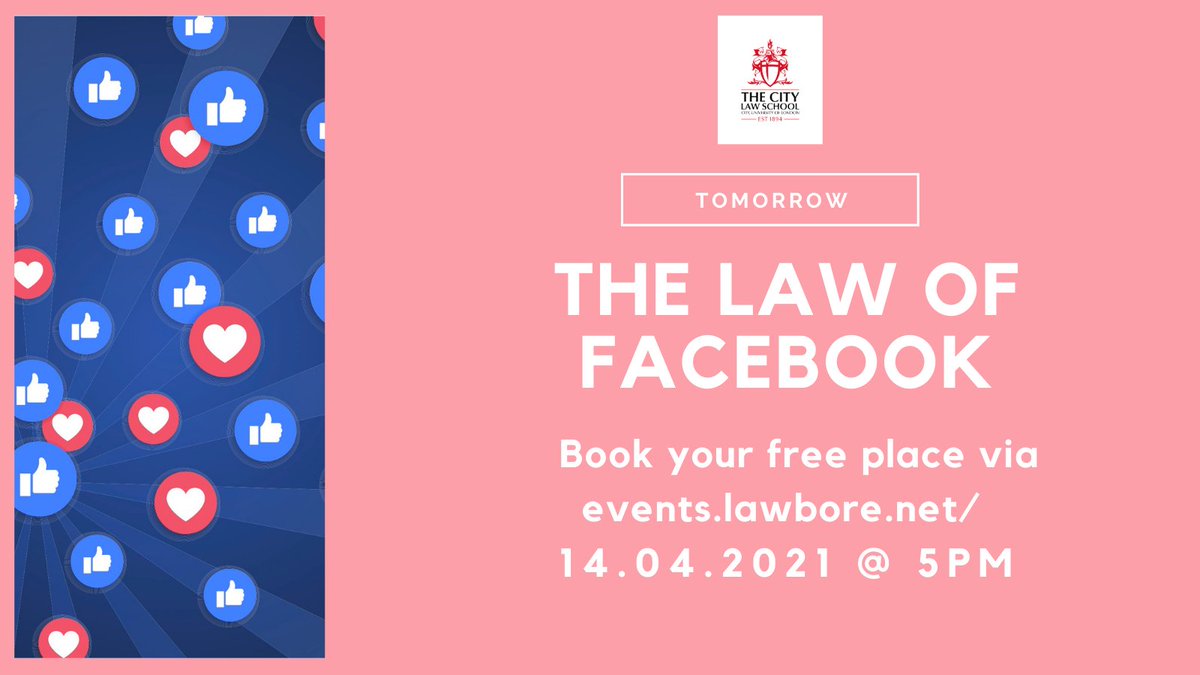 Tickets still available for the 1st in a new event series: 'The Law of Facebook' This organised by the Jean Monnet Chair in Law &amp; Transatlantic Relations &amp; Institute for the Study of European Law <a href="/MonnetIn/">Jean Monnet Chair in Law & Transatlantic Relations</a> <a href="/CityLaw_ISEL/">Institute for the Study of European Laws (ISEL)</a> <a href="/CityLawSchool/">The City Law School</a> 14/04/21 at 5pm. city.ac.uk/news-and-event…