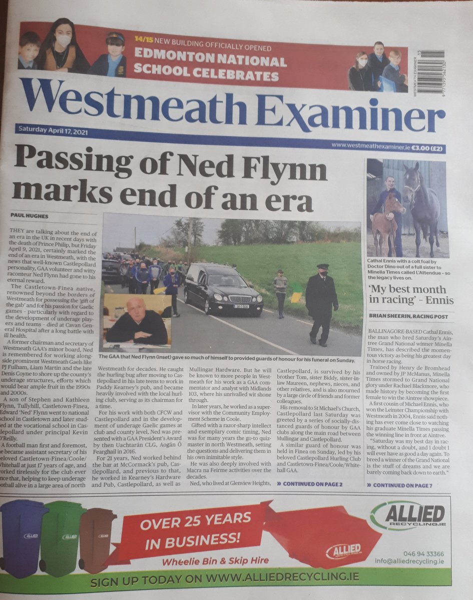 T_M_Newman's tweet photo. Lovely eloquent and fitting obituary piece by Paul Hughes of the Westmeath Examiner for the late great Ned Flynn Castlepollard who was laid to rest on Sunday 🙏 End of an era 🙏🇱🇻. #westmeathgaa #lossofalegend https://t.co/H70V0DZZ7w