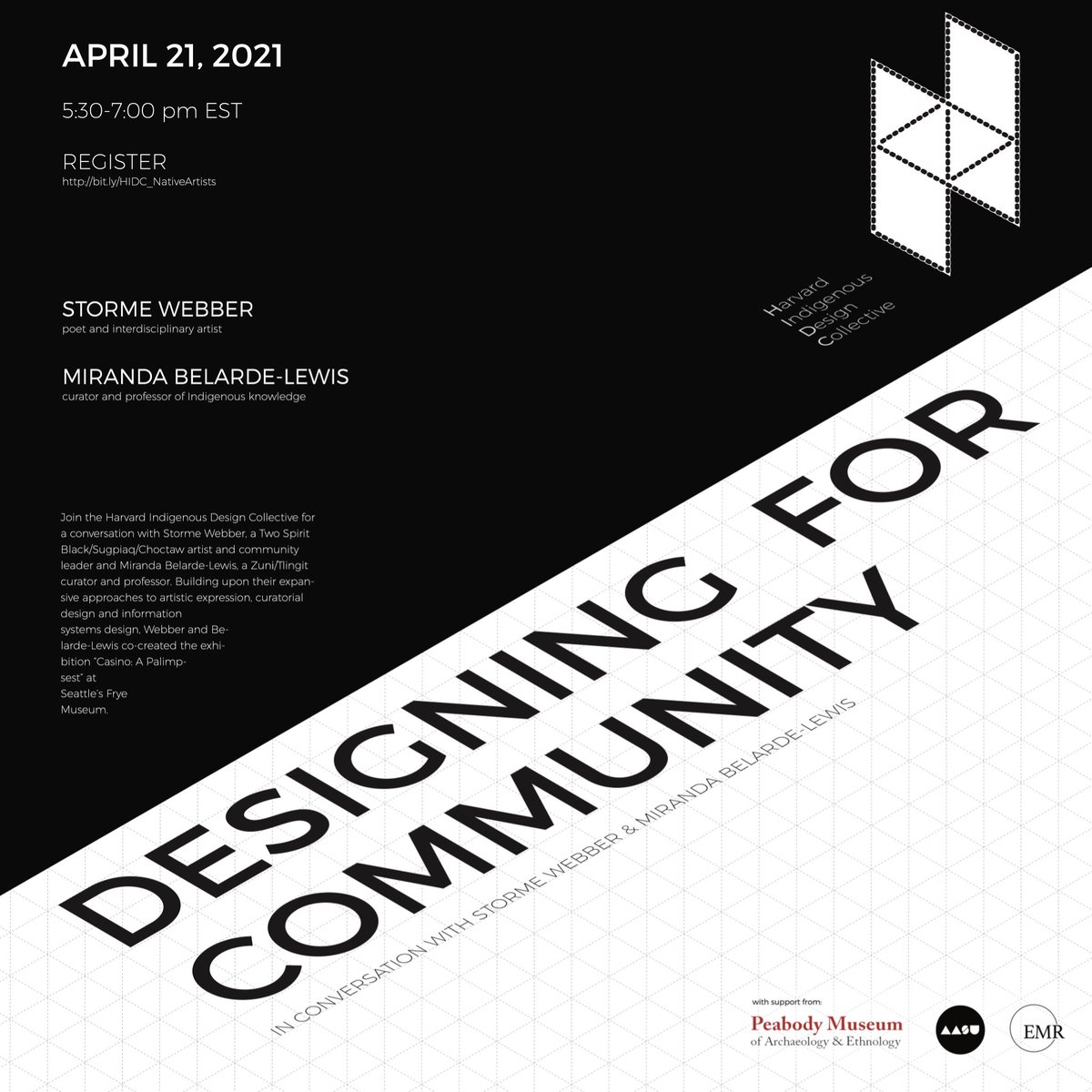 Join us on April 21st at 5:30 EDT for “Designing for Community: In Conversation with Storme Webber (Sugpiaq, Black, Choctaw) &amp; Miranda Belarde-Lewis (Tlingit, Zuni)” bit.ly/HIDC_NativeArt… #indigenous <a href="/peabodymuseum/">Peabody Museum</a> <a href="/GSDAASU/">Harvard GSD AASU</a> <a href="/UW/">University of Washington</a>