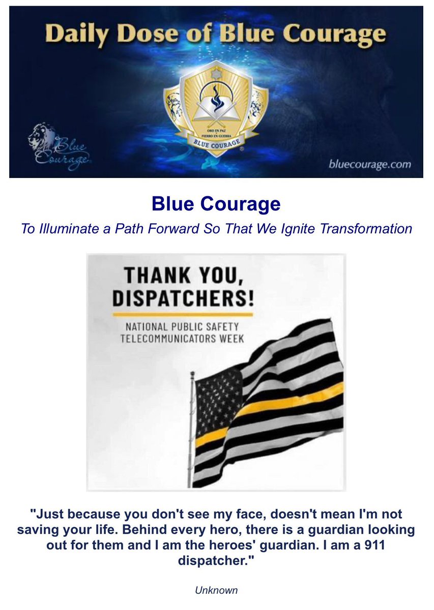 bluecourage's tweet photo. Daily Dose of Blue Courage
Celebrating our Public Safety Telecommunicator heroes!
#dailyinspiration #bluecourage #lawenforcementinspiration #inspirationalquotes #motivation #nationalpublicsafetytelecommunicatorsweek #dispatchersweek https://t.co/H6AdeYXZ3Q