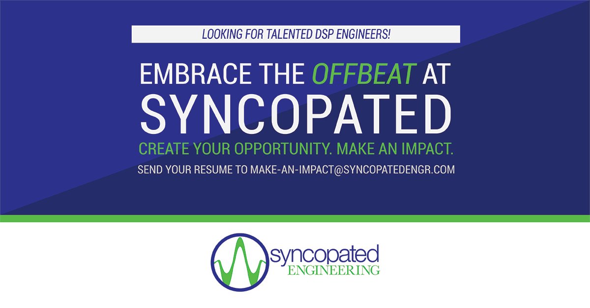 SyncopatedEngr's tweet image. Syncopated is looking for a talented DSP Engineer to join our team! Design, develop, and deliver applications for interference mitigation, geolocation, radar, voice, image and communications signal processing. Resume to Make-An-Impact@SyncopatedEngr.com
#DSPEngineer #Syncopated