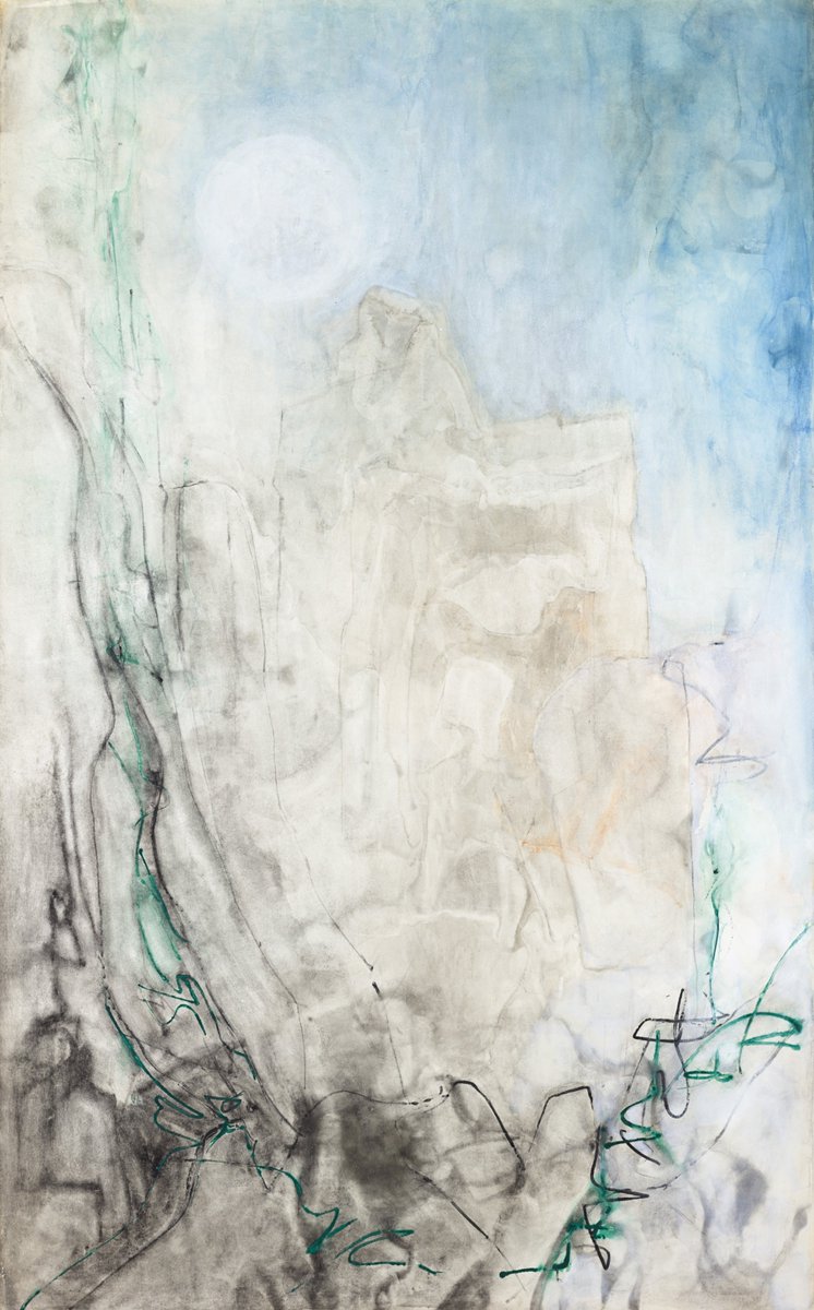 AsiaSocietyHK's tweet photo. From 1969 onwards, #Lalan started painting works in the formats of horizontal and vertical scrolls. Ivy, Rock and the Moon marks the 1st appearance of the motifs of sun/moon and silhouettes of mountains. Our #ExtendedFigure exhibit opens on Apr 27. https://t.co/sN1tX0MyHo #ASHK30 https://t.co/0Yug5L0wBs