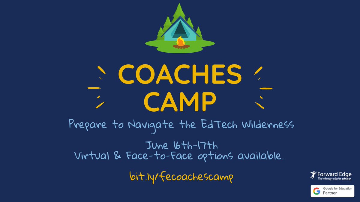 Calling all Tech Coaches (and aspiring tech coaches)📣Have you signed up for Coaches Camp yet? Build your professional network, improve your coaching practice, and get recharged to take on another school year. 
We can't wait to share our summer with you! 
#FEK12 #FECamp21
