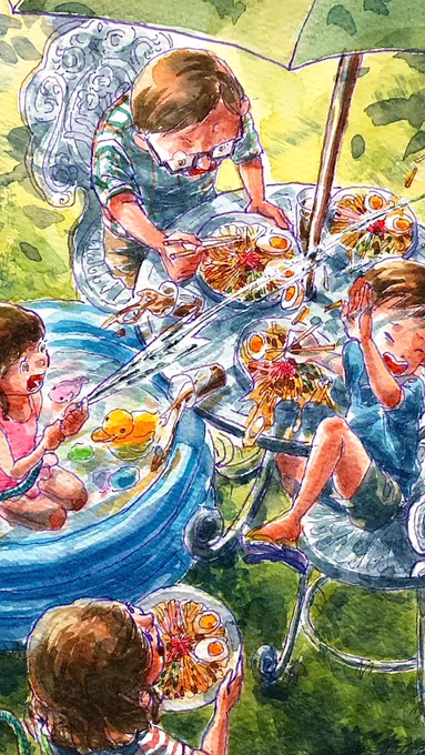 4月から単身赴任になった父へイラストをプレゼントしました?
小さい頃、庭でビニールプールに入った後に、家族みんなで冷やし中華を一緒に食べたのが1番の思い出?
赴任先でも仕事が頑張れますように? 