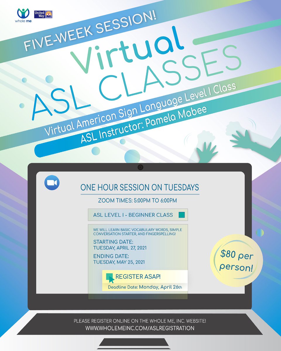 Hello everybody!

Guess what? Pam will return for another ASL class! It will be beginning on April 27th. 

Come register below if you are interested in taking ASL classes with Pam!
wholemeinc.com/aslregistration

The deadline date for registration is Monday, April 26th

Have a good day!