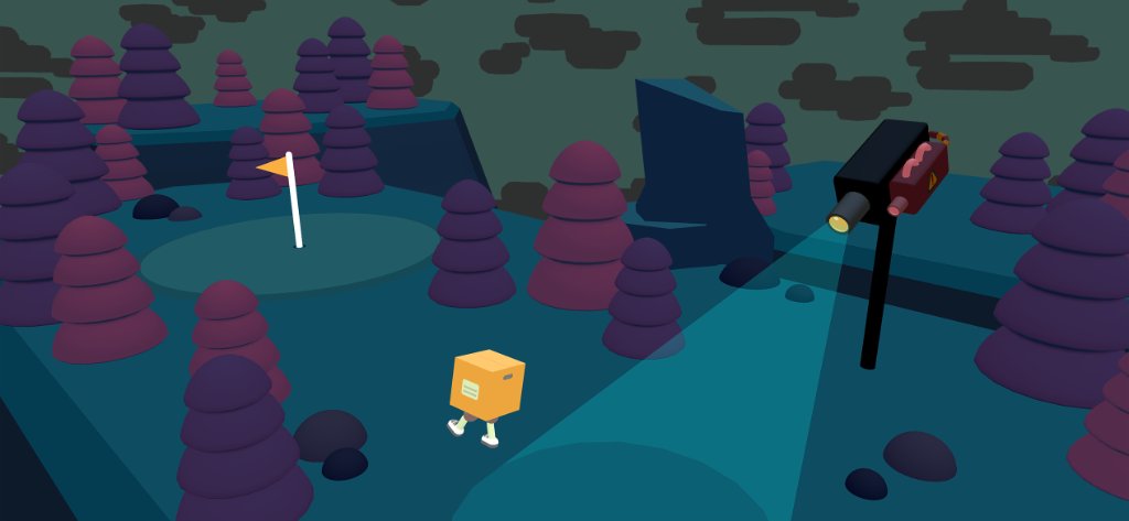 Gameplay of golfer wearing a box as a disguise, walking through the range, past a security camera at night.