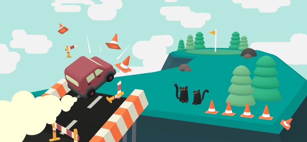 Gameplay of car flying over a bridge, crashing into cones while two black cats watch.