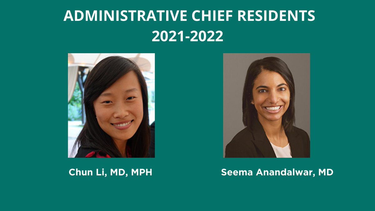 We congratulate our next Administrative Chief Residents, Drs. Seema Anandalwar and Chun Li! They were selected for this honor by their peers &amp; approved by faculty because of their dedication to the residency, leadership &amp; commitment to the education &amp; well-being of all residents.