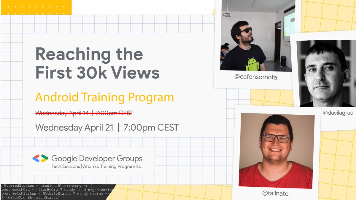 gdgtechsessions's tweet image. ⚠ ⚠ EVENT POSTPONED ⚠ ⚠
 
The event entitled REACHING THE FIRST 30K VIEWS was postponed to 21st April at 19:00 CEST. We apologize for any inconvenience. 
 
You can find all the updated details about the event here 👉 bit.ly/ATP-TS
 
@GDG #GDGTechSessions #ATP