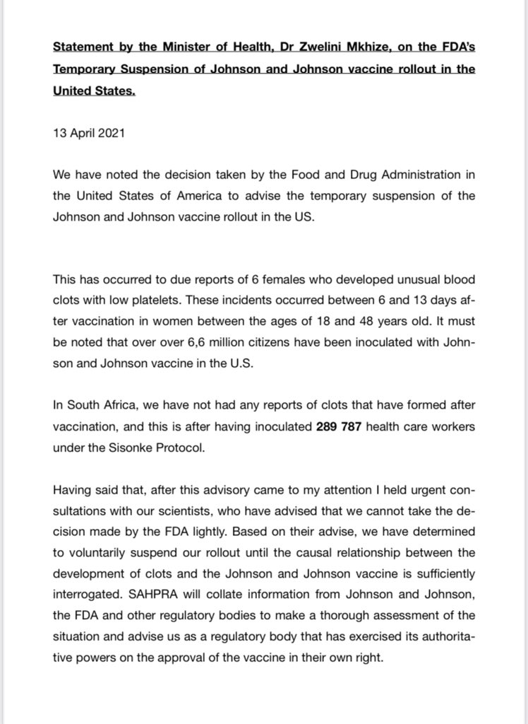 DrZweliMkhize's tweet photo. Statement by the Minister of Health, Dr Zwelini Mkhize, on the FDA’s Temporary Suspension of Johnson and Johnson vaccine rollout in the United States. https://t.co/DTnUK0a2li