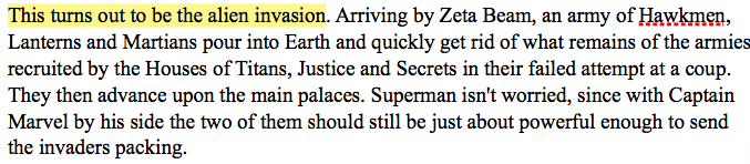 The alien invasion begins. I don’t want to speculate about Moore’s intention, but this feels a bit like a cheeky reference to the alien invasion in Watchmen, which was criticised by some as being a Deux Ex Machina, but giving it more backstory this time around. 43/?