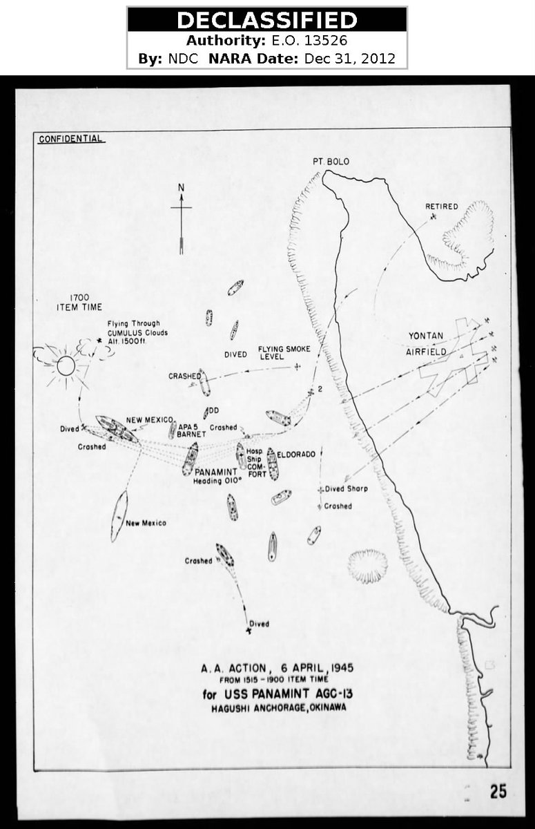 The pattern of the higher the rank, the less that was said about friendly fire on 6 Apr 1945 was also seen with the USS Panamint (AGC-13).Attached is the war diary & the aerial attack diagram for 6 Apr 1945, lacking friendly fire shoot down 1618 & 1705 time hacks14/