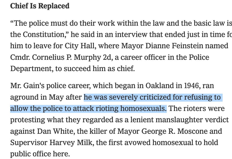 awinston's tweet photo. Oh just doing some research this afternoon for this book on Oakland PD and came across a lovely mention of Dianne Feinstein firing SFPD Charles Gain (ex-OPD Chief) because he refused to let SFPD crack gay skulls after Harvey Milk's assassination https://t.co/dShoMgVser https://t.co/P3R9XQqJ0T