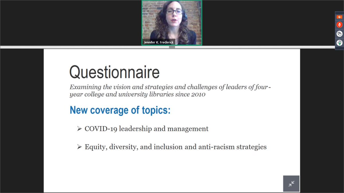 To kick things off,  @JenKFrederick is speaking about selected findings from the  @IthakaSR Library Survey. The second report, focused on movements for racial justice and their implications on academic libraries, is available here:  https://sr.ithaka.org/publications/national-movements-for-racial-justice-and-academic-library-leadership/