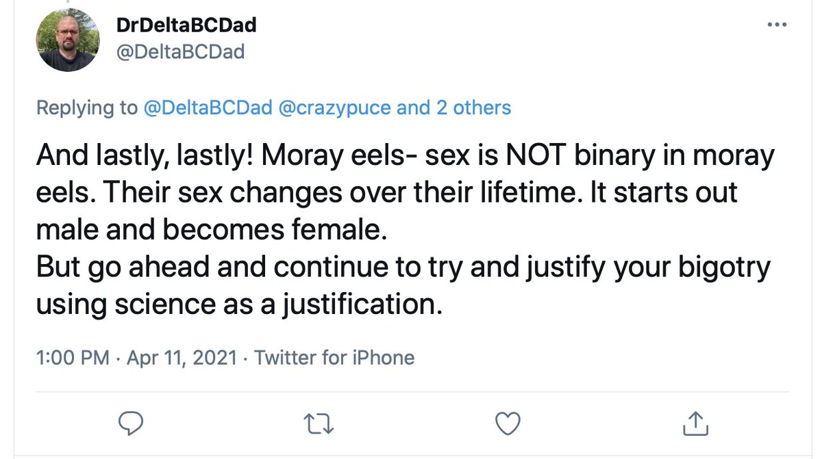 This guy doubles down on his own confusion. And earlier, he makes oblique reference to reaction norms (in which diff environments can produce a range of phenotypes even when the genotype is identical), as if it’s relevant to his argument. (It’s not.) 8/ https://twitter.com/DeltaBCDad/status/1381336465800454144?s=20