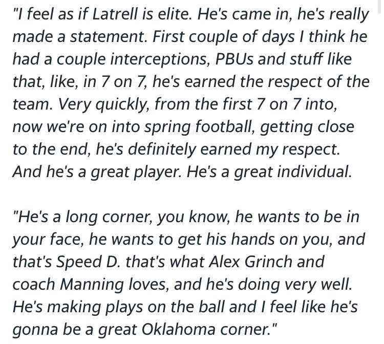 BPrzybylo's tweet photo. Asked #OU CB Jaden Davis about freshman Latrell McCutchin (@bil_trell).
“I feel as if Latrell is elite.”
Full answer. https://t.co/ay5Yah7sMI