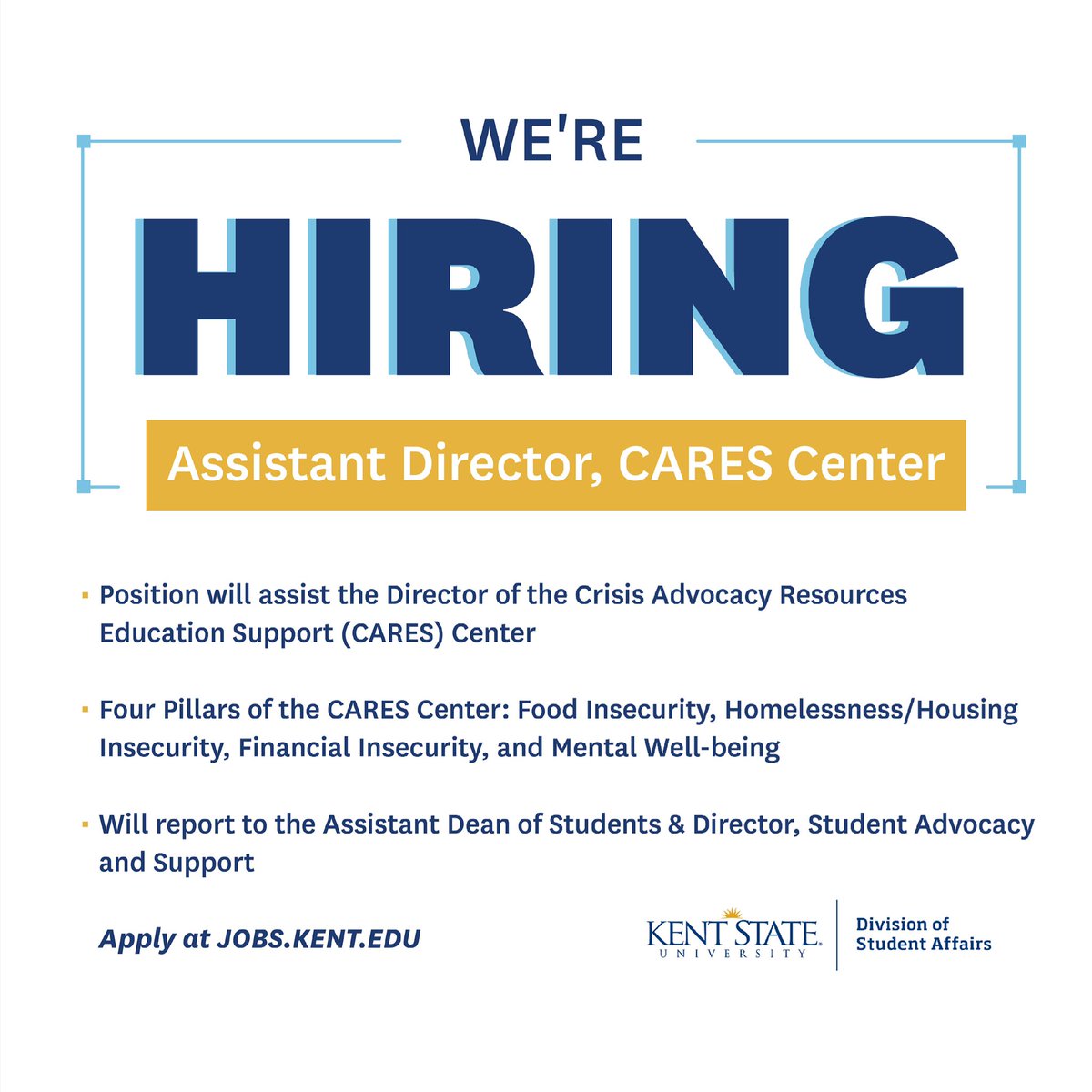 We’re hiring!!! Our new position is for our Assistant Director of the CARES Center. The application window closes May 4th! 

Apply at jobs.kent.edu