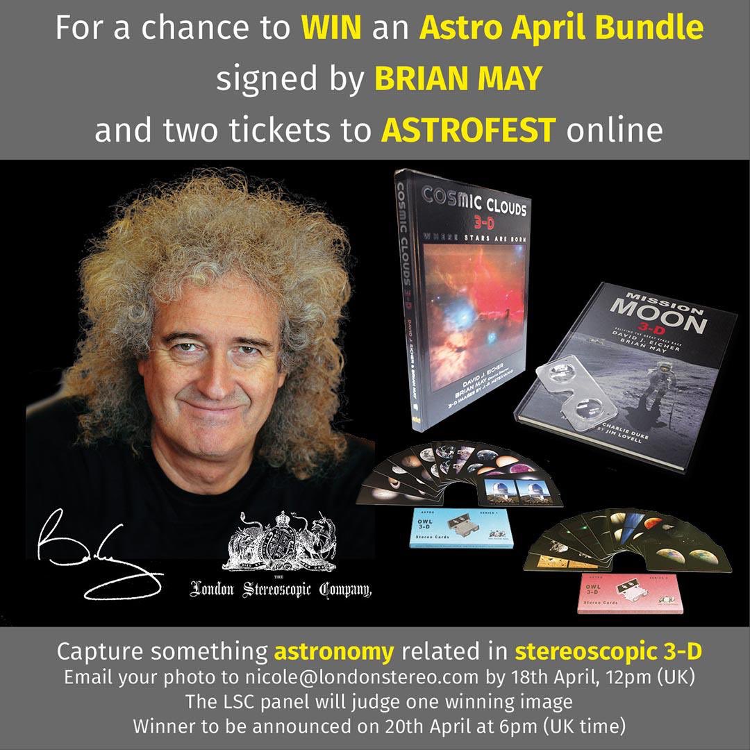 We’ve teamed up with AstroFest to offer you the chance to WIN
tickets to Brian’s captivating virtual 3-D talk on 22 April 

and an Astro April Bundle, including 

Mission Moon 3-D
Cosmic Clouds 3-D
Astro stereo cards 
Brian’s signature! 

Get snapping!

#keepcreative
