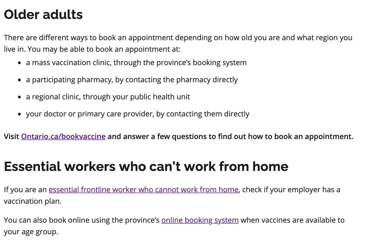 The 2nd section on this page is "How to book your vaccine." Perfect!However, The first 2 links in this section take you back to the purple page we just left that told us vaccinations were only for ppl aged 60-79. Weird. Ok let's try the  http://ontario.ca/bookvaccine  link instead 5/21