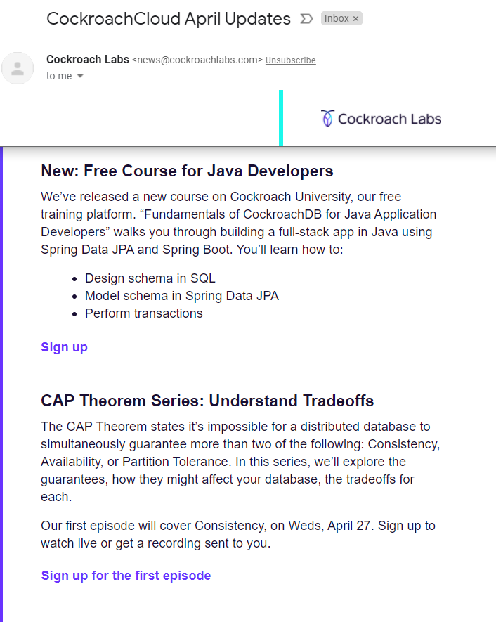 Ryan_Pringnitz's tweet photo. Of course they release the course after I have #SpringJPA working with @CockroachDB. Thankfully #CRDB had some wicked tutorials up on their site before. 

https://t.co/bMlkQxLha0

Check out #CockroachDB. You can even sign up for a free 5GB cluster on @googlecloud https://t.co/fQ50U8LRyN