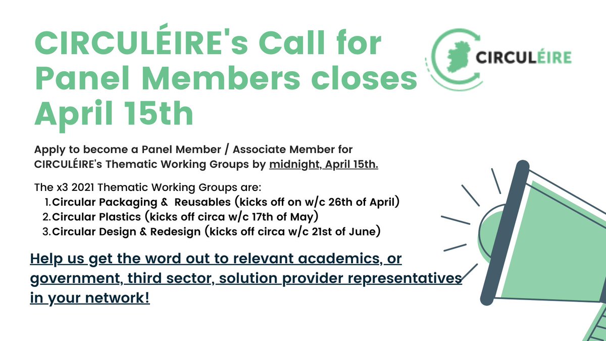 Want to have a role in shaping a future pipeline of demonstrator projects focused on enabling Irish industry to implement #innovative #CircularEconomy #packaging solutions? <a href="/circuleire/">CIRCULÉIRE</a>'s EoI for Panel Members closes Thursday! Find out more and apply here: surveymonkey.com/r/BQXKTQG