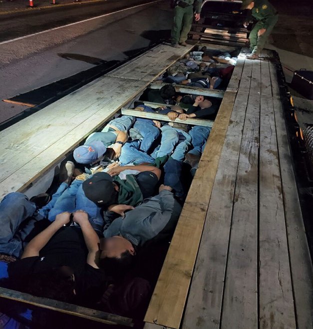 USBPChiefDRT's tweet photo. Yesterday, a Del Rio Sector K9 alerted to this trailer at one of our checkpoints. An inspection located 2 children (ages 10 and 15) trapped under the trailer boards with 18 adults. With temperatures on the rise, smuggling attempts like these have a high potential to turn deadly. https://t.co/Bf5X9oDijK