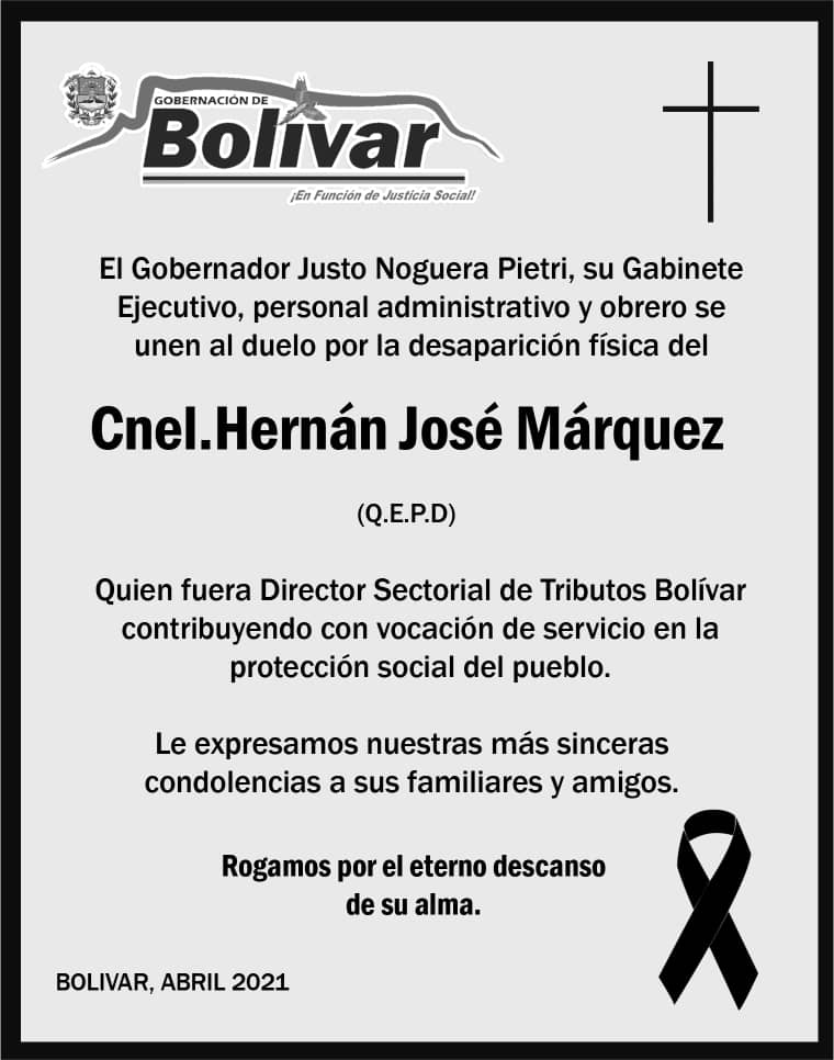 secdespachogob1's tweet photo. #NotaDeDuelo Lamentamos el sensible fallecimiento del Cnel. Hernán Márquez (Q.E.P.D), quien en vida fuera Director Sectorial de Tributos Bolívar @SaatebB. 

Rogamos por el eterno descanso de su alma.

@GobJustoNoguera @NicolasMaduro @partidopsuv @dcabellor https://t.co/9jcXp1ib7G