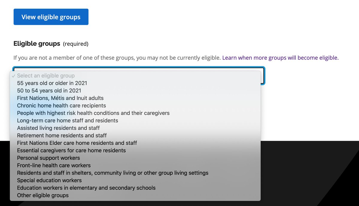 Now we scroll to the next section in the FAQ, and lo and behold a big blue button that says "Book vaccination online." Hallelujah. We click it and...wait a second...it brings us right to the booking portal we just left that told us we were ineligible. Hmm, time to regroup. 7/21